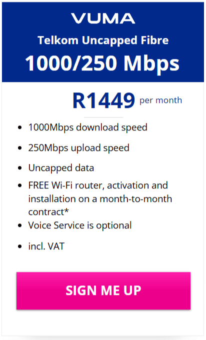 Telkom Vuma Fibre 1000/250Mbps Package