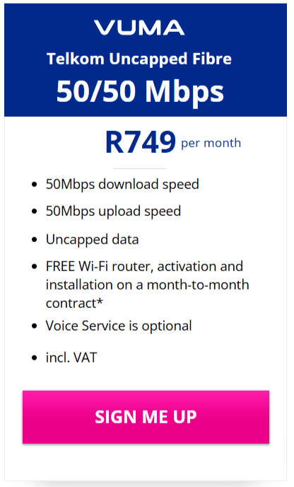 Telkom Vuma Fibre 50/50Mbps Package