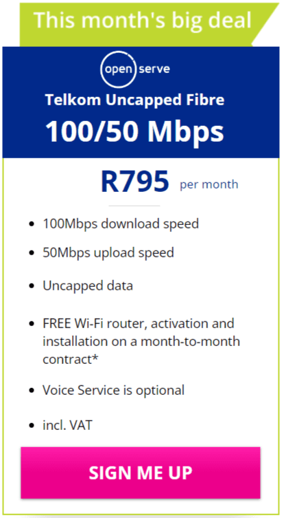 Telkom Fibre 100/50Mbps Package