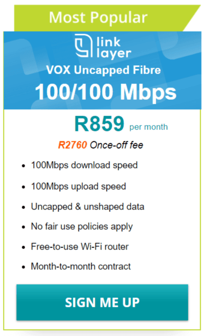 Vox Link Layer Fibre 100/100 Mbps Package