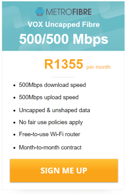 Vox Over Metrofibre Networx 500/500 Mbps deal