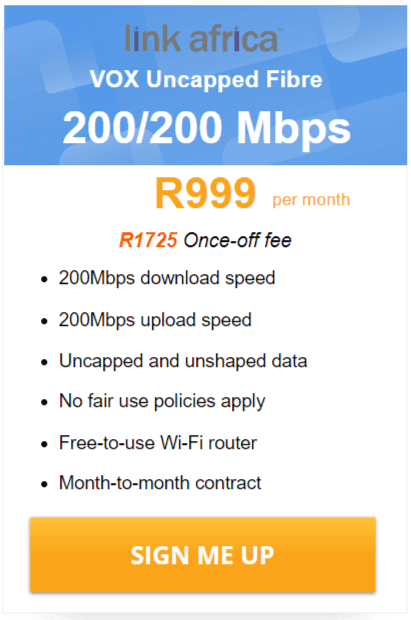 Vox Link Africa Fibre 200/200 Mbps Package