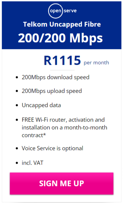 Telkom Fibre 200/200Mbps Package