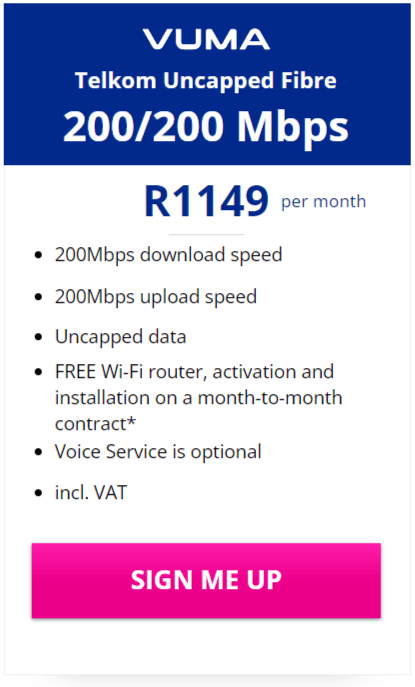 Telkom Vuma Fibre 200/200Mbps Package