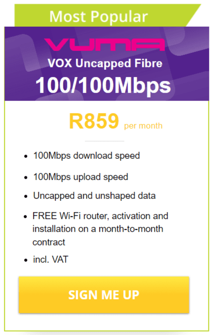 Vox Vuma Fibre 100/100Mbps Package