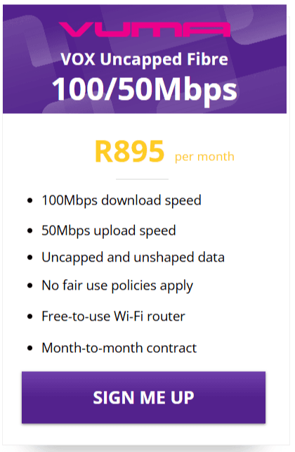 Vox Vuma fibre 100/50Mbps Package