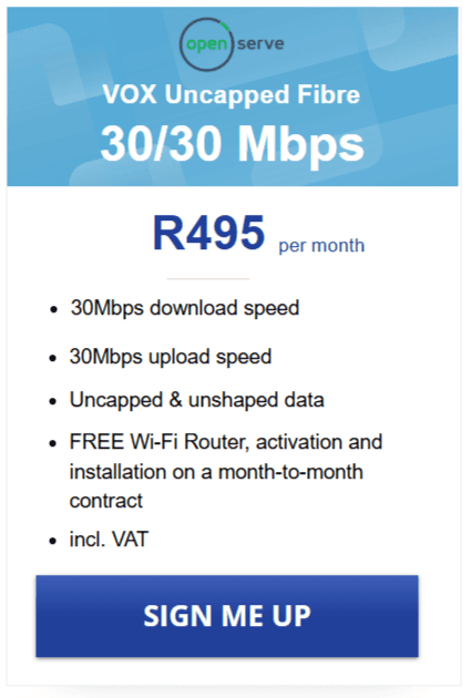 Vox Openserve Fibre 30/30 Mbps Package