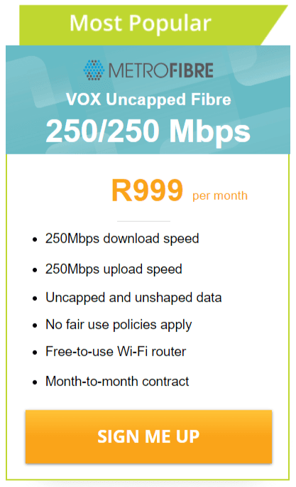 Vox Over Metrofibre Networx 250/250 Mbps deal