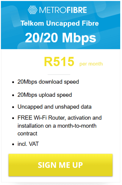 Telkom Fibre 20/20Mbps Package