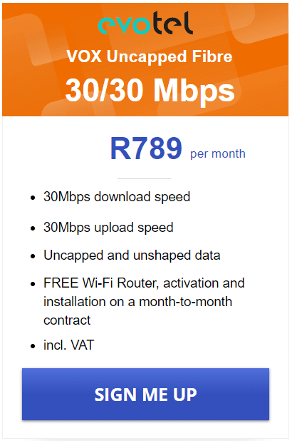 Vox Evotel Fibre 30/30 Mbps Package