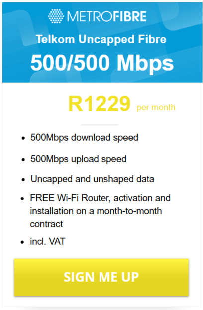 Telkom Fibre 500/500Mbps Package