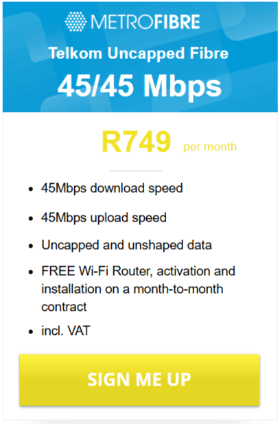 Telkom Fibre 45/45Mbps Package