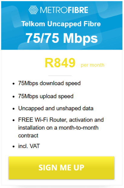 Telkom Fibre 75/75Mbps Package