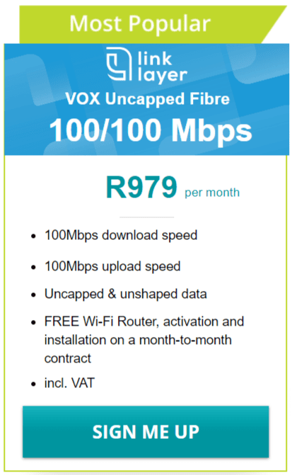 Vox Link Layer Fibre 100/100 Mbps Package