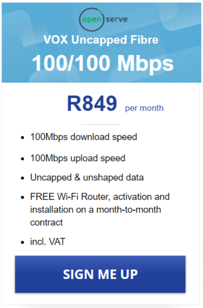 Vox FTTH Openserve 100/100Mbps Package
