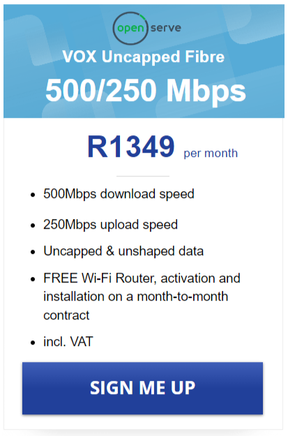 Vox Openserve Fibre 500/250 Mbps Package