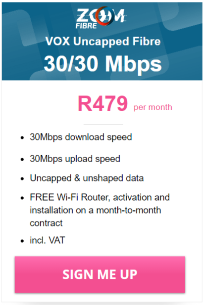 Vox Zoom Fibre 30/30 Mbps Package