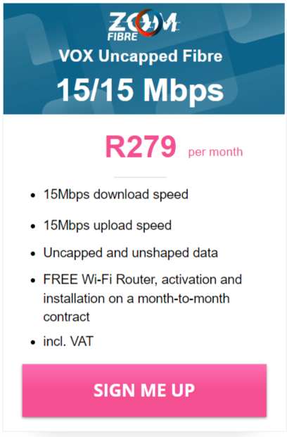 Vox Zoom Fibre 15/15 Mbps Package