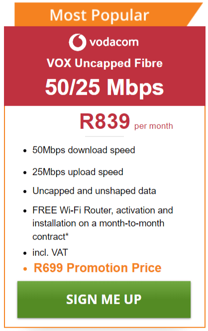 Vox Fibre 50/25Mbps Package