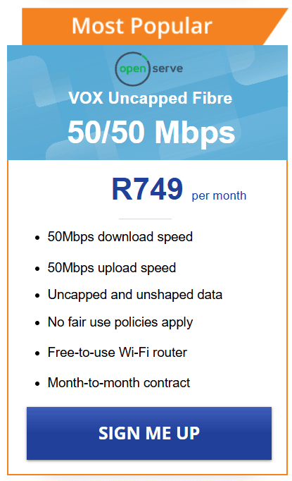 Vox Openserve Fibre 50/50 Mbps Package
