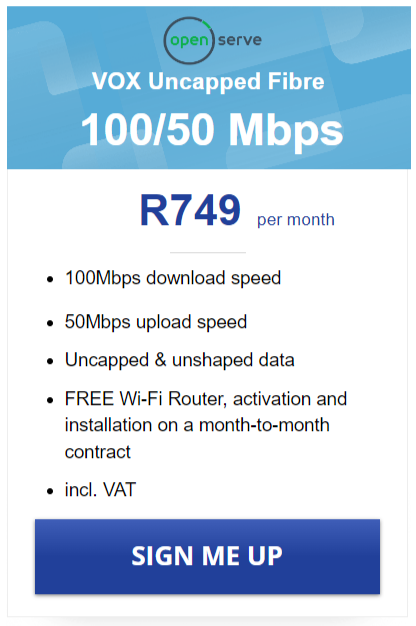 Vox FTTH Openserve 100/50Mbps Package