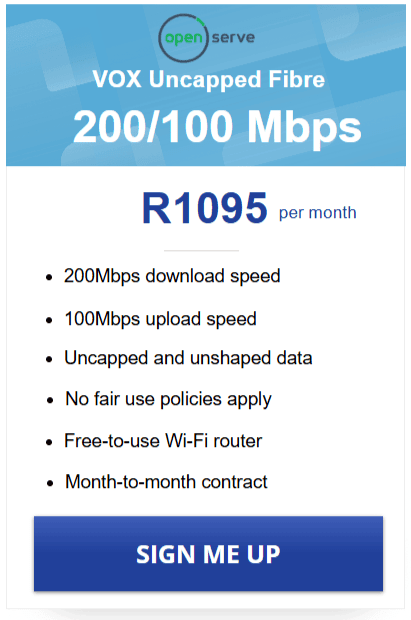 Vox Openserve Fibre 200/100 Mbps Package