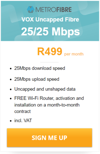 Vox Over Metrofibre Networx 25/25 Mbps deal