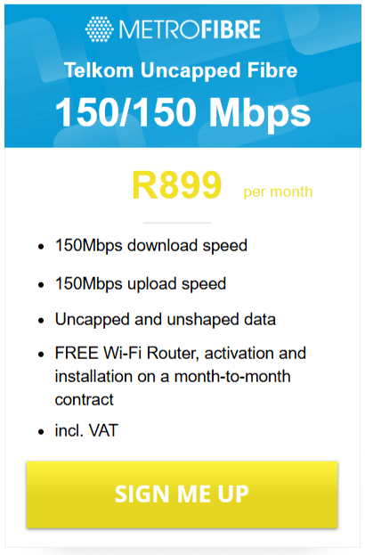Telkom Fibre 150/150Mbps Package