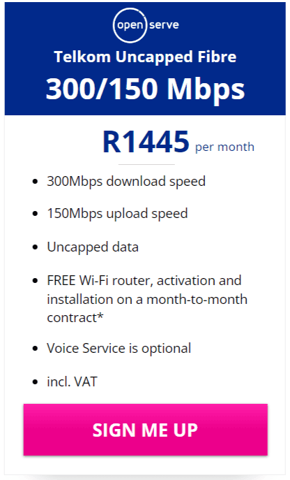 Telkom Fibre 300/150Mbps Package