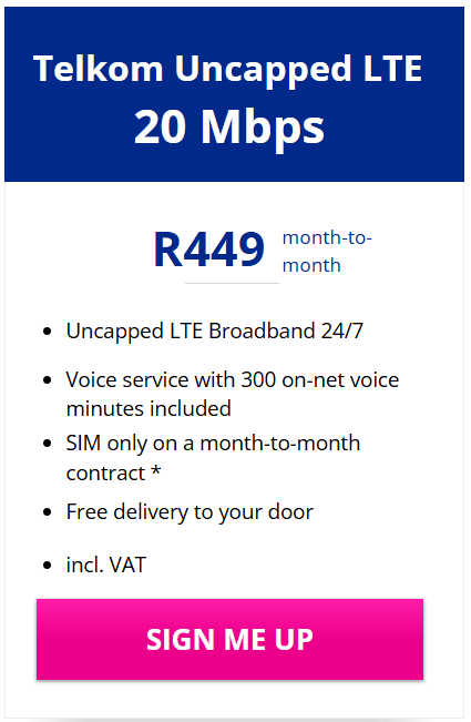 Telkom LTE Uncapped 20Mbps Package