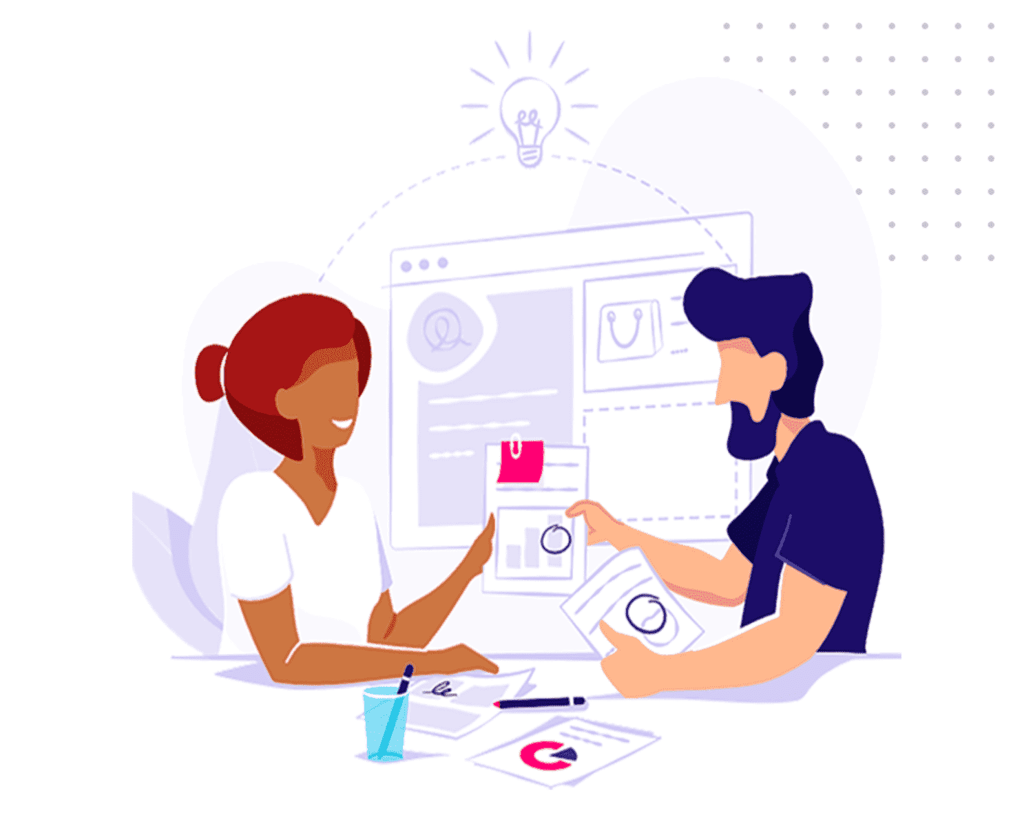 An illustration of a one-on-one coaching session with a Zoho certified consultant and a Zoho customer
