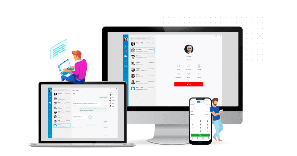 A laptop, tablet and smartphone displaying the multiple ways that  you can connect to the cloud pbx