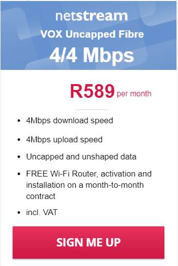 Vox Netstream Fibre 4/4Mbps Package