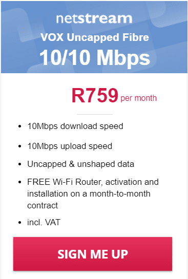 Vox Netstream Fibre 10/10 Mbps Package