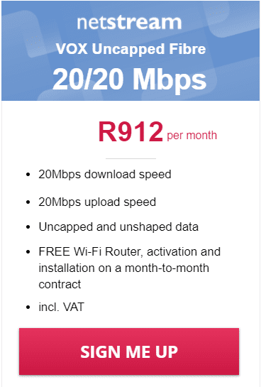 Vox Netstream Fibre 20/20 Mbps Package