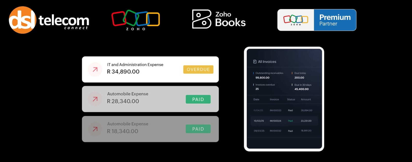 DSL Telecom and Zoho Books banner showing invoice statuses and receivables in South African Rand.