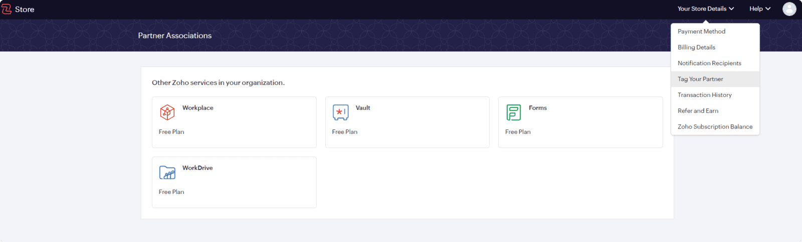 Zoho Store Tag Your Partner option showing how to add DSL Telecom